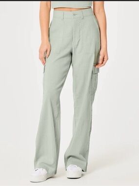 Hollister Sage Green Ultra High-Rise Vintage Baggy Linen Blend  Pants Size L